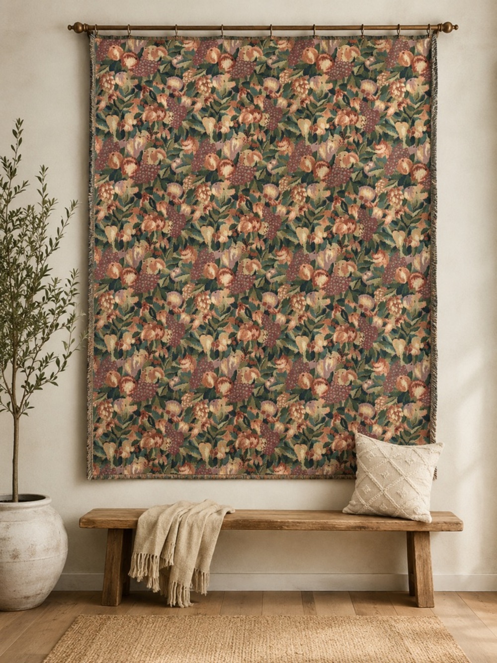Large Woven Floral Tapestry Fabric Yardage Pink Green Botanical 56 x 78 Wall Art